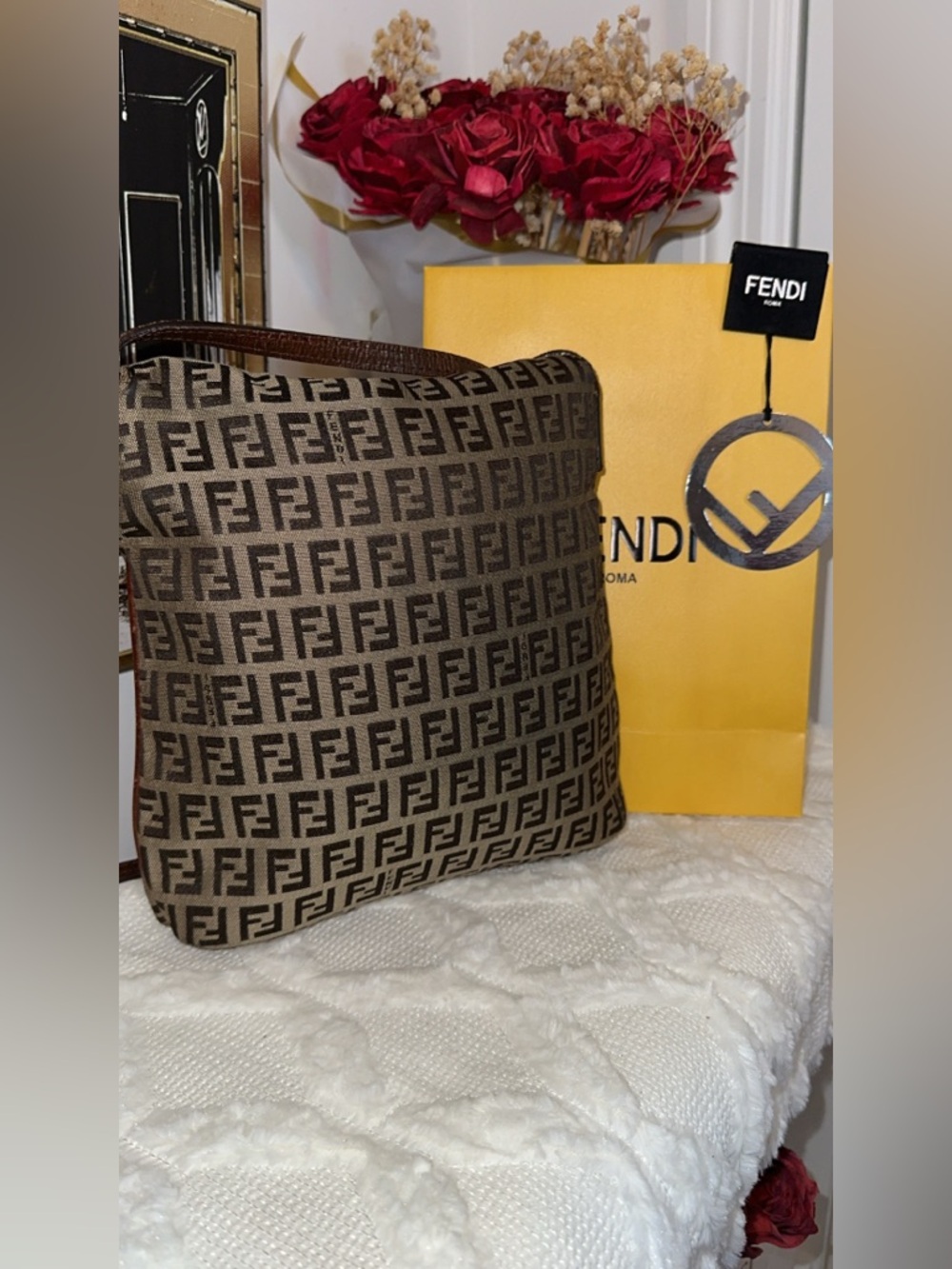 Fendi Brown FF Zucchino Canvas Shoulder or crossbody Bag with Dark Brown Trim - Picture 4 of 12